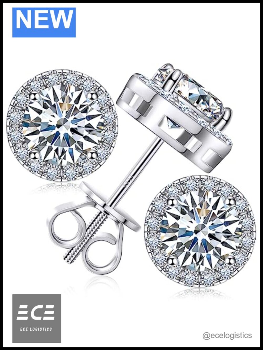 Moissanite Halo Stud Earrings Screw Back 18K White Gold Plated 925 Sterling